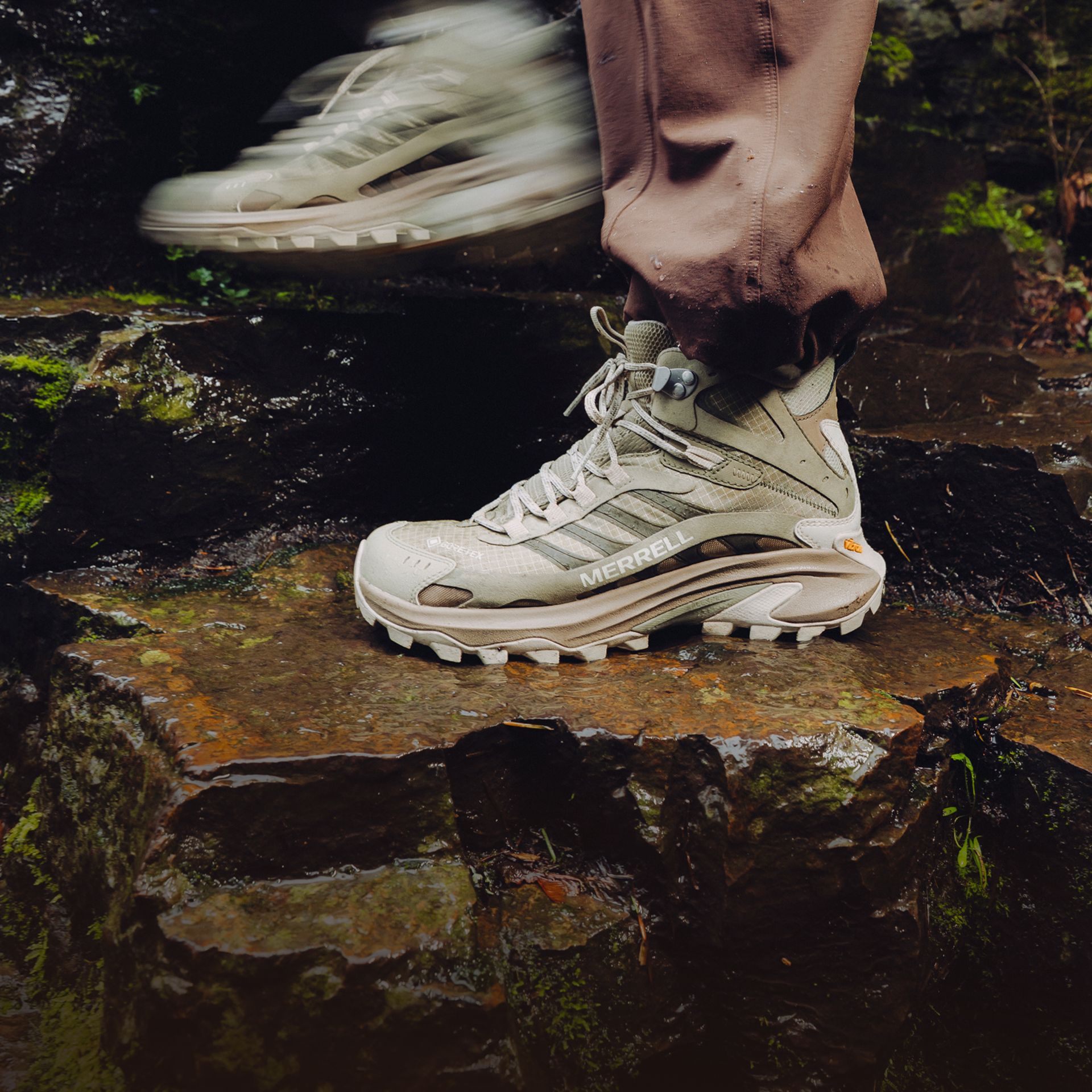 Waterproof Merrell shoes on a rocky trail.